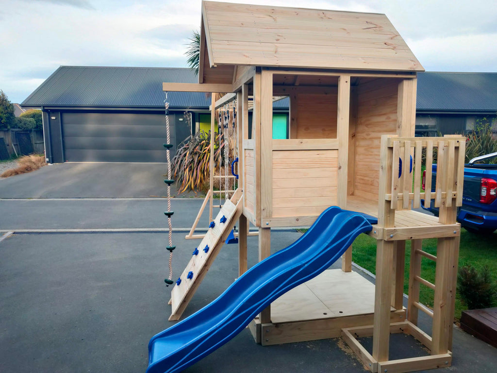 Medium 1.5mx1.2m Play Cubby Tower (#1)- Monkey bars swing beam, wave slide with platform, rock wall and sandpit with cover