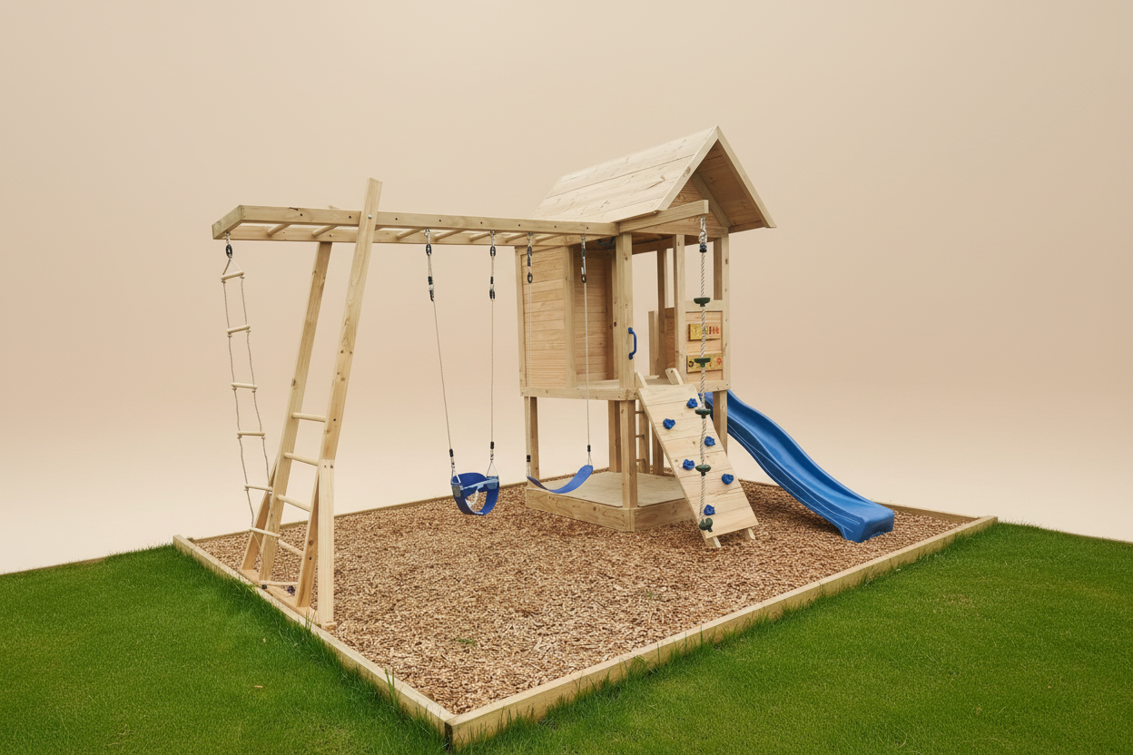 Medium 1.5mx1.2m Play Cubby Tower (#1)- Monkey bars swing beam, wave slide with platform, rock wall and sandpit with cover