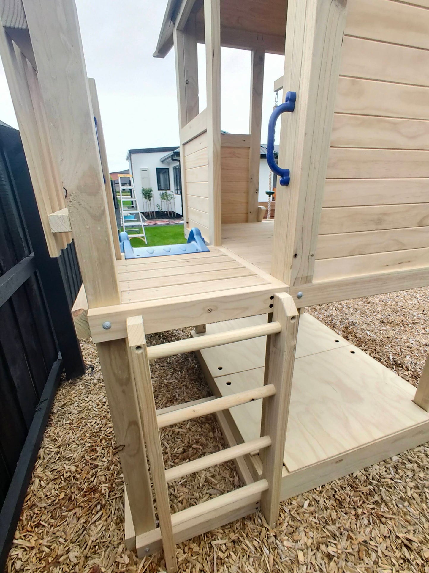1.5mx1.2m Playground Cubby Tower (#10)- Monkey bars swing beam, wave slide with platform, rock wall and sandpit with cover