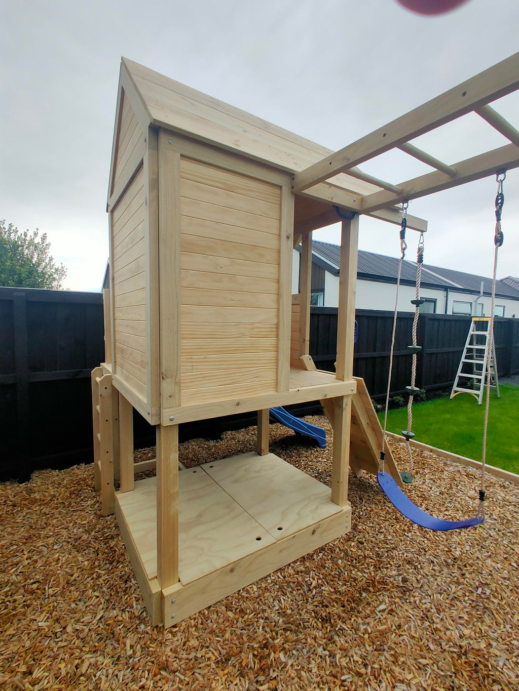 Medium 1.5mx1.2m Play Cubby Tower (#1)- Monkey bars swing beam, wave slide with platform, rock wall and sandpit with cover