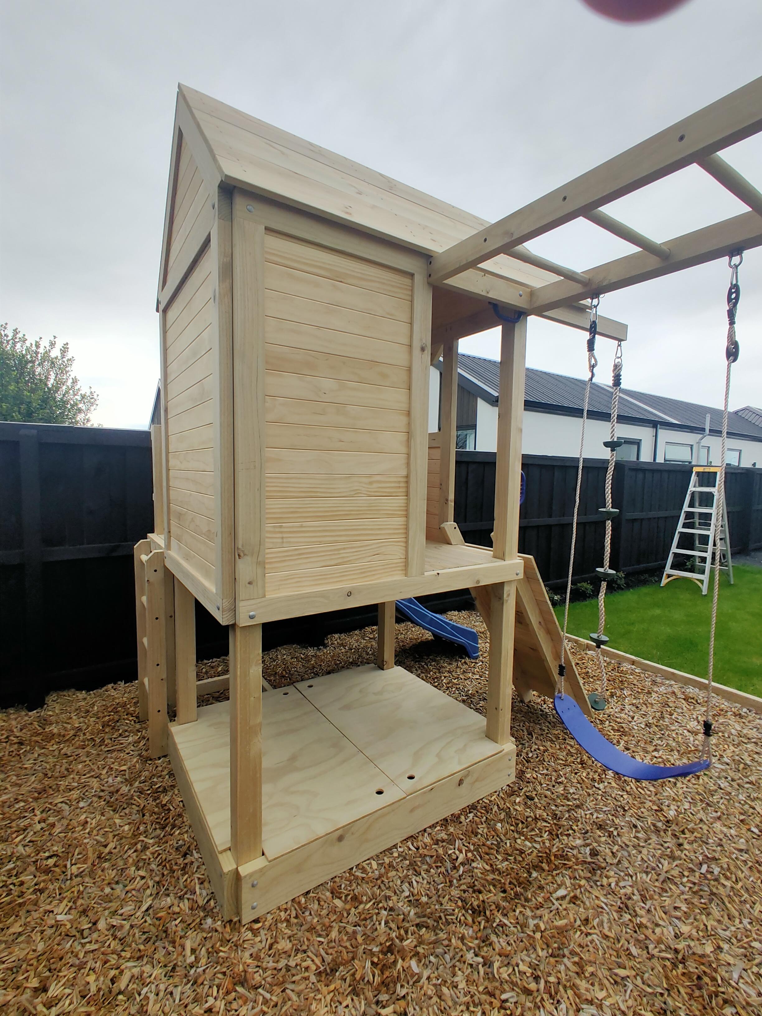 Medium 1.5mx1.2m Play Cubby Tower (#1)- Monkey bars swing beam, wave slide with platform, rock wall and sandpit with cover