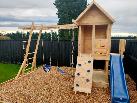 Medium 1.5mx1.2m Play Cubby Tower (#1)- Monkey bars swing beam, wave slide with platform, rock wall and sandpit with cover