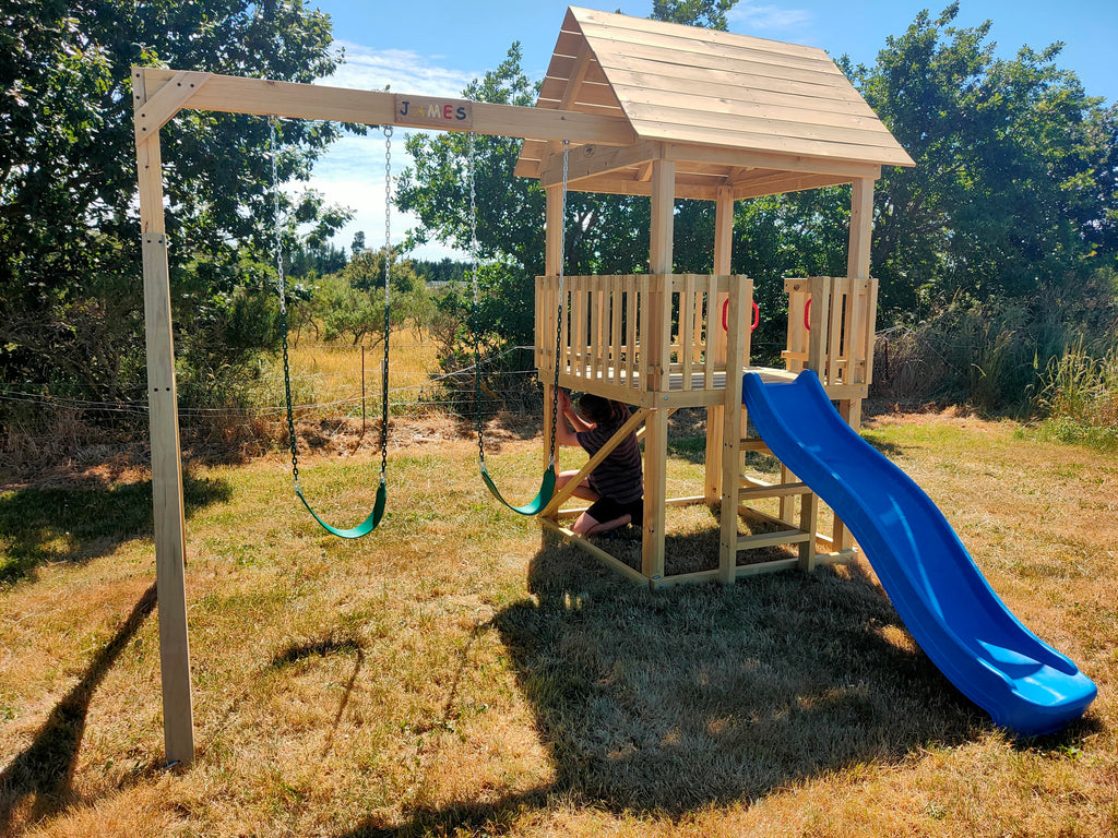 Large 1.5mx1.5m Play Tower (#5) - with slide and HD swings