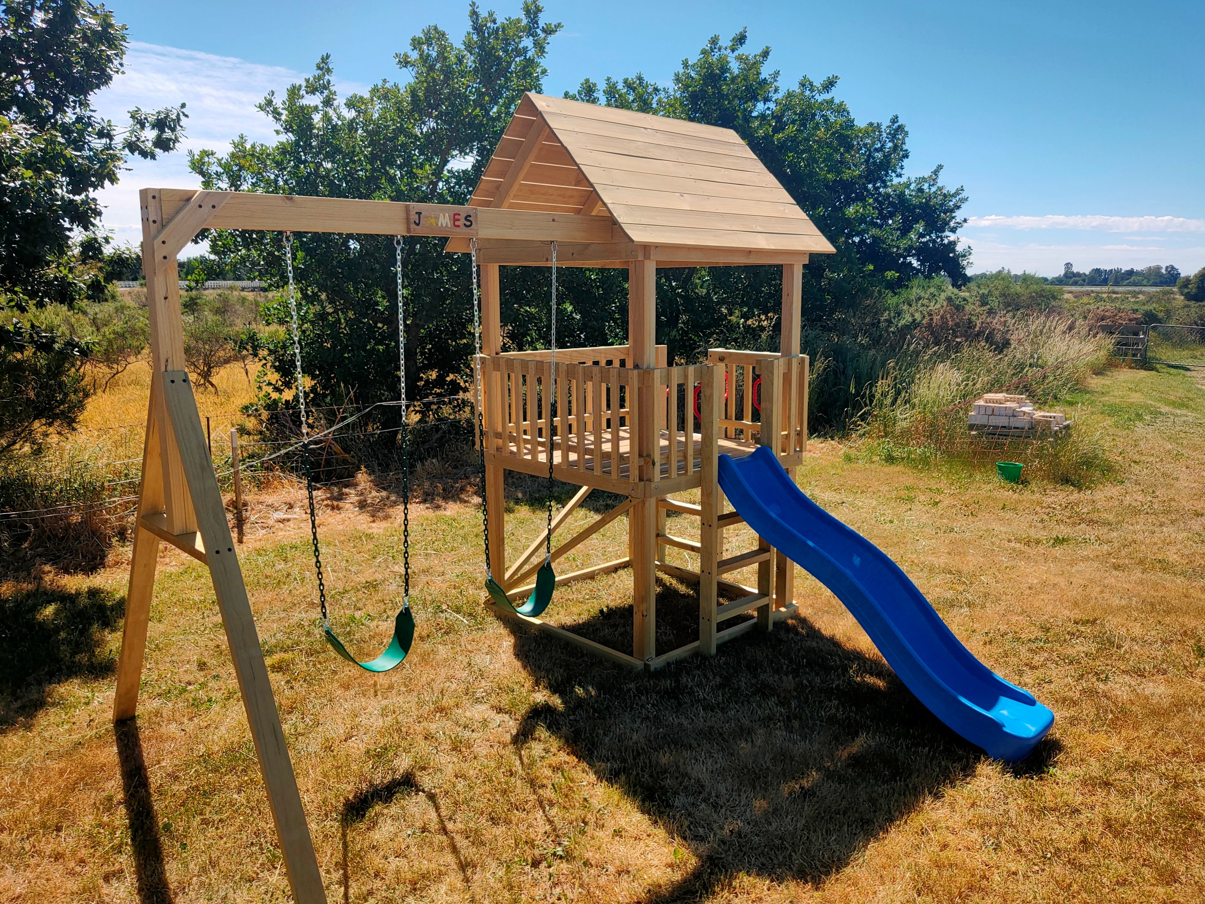 Large 1.5mx1.5m Play Tower (#5) - with slide and HD swings