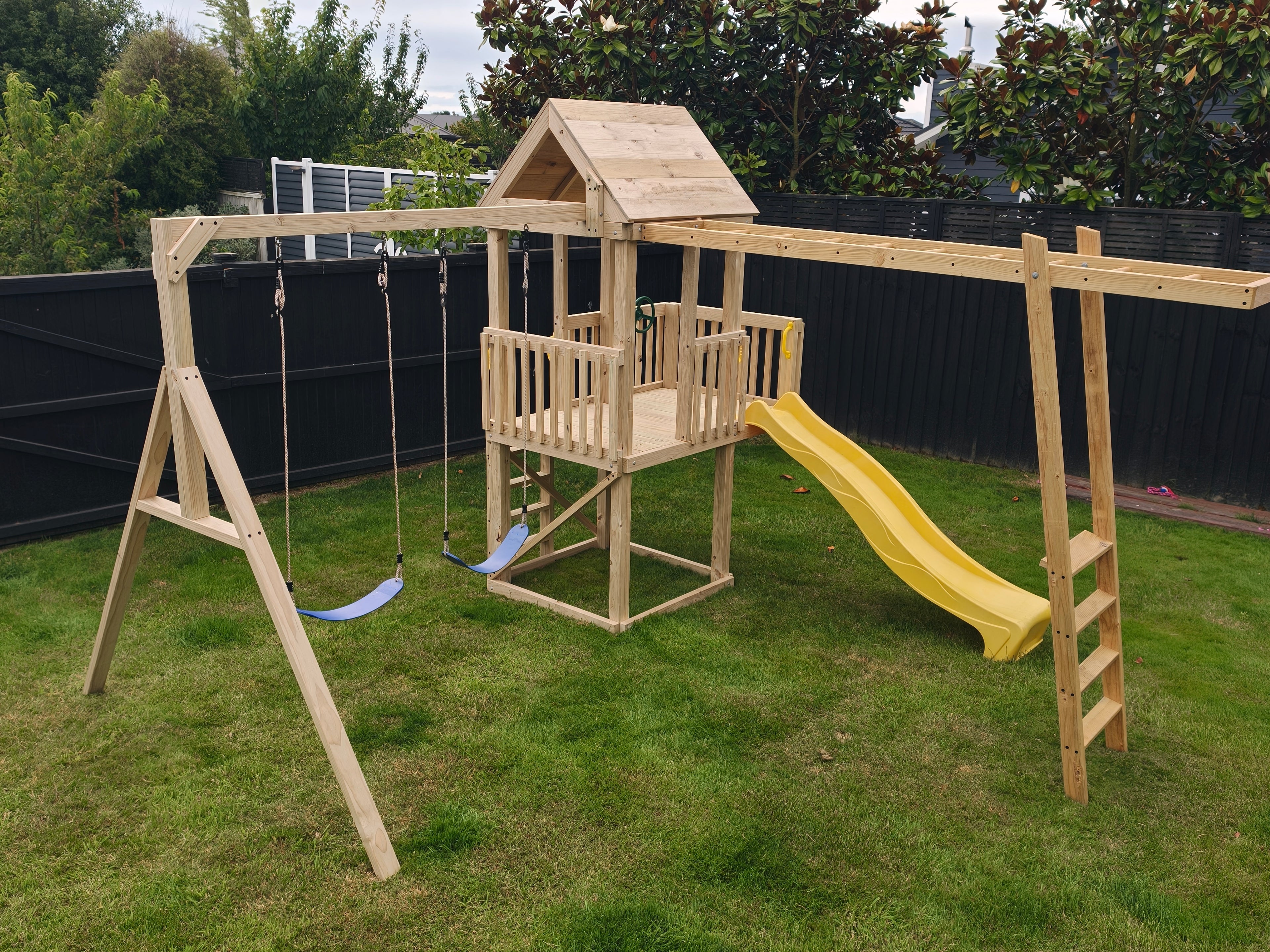 Standard 1.8mx1.2m Balcony Tower (#2) - Monkey Bars, slide & swings