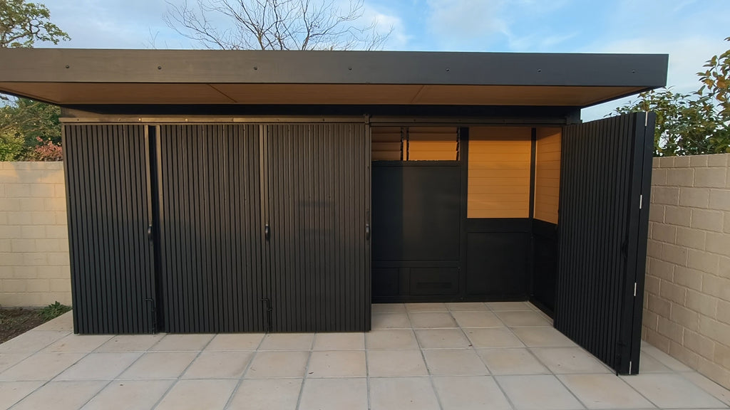 BBQ Enclosure (#5) 5.3m, Bifold WPC Doors, Canopy Roof & Storage | Outdoor Kitchen Cover NZ