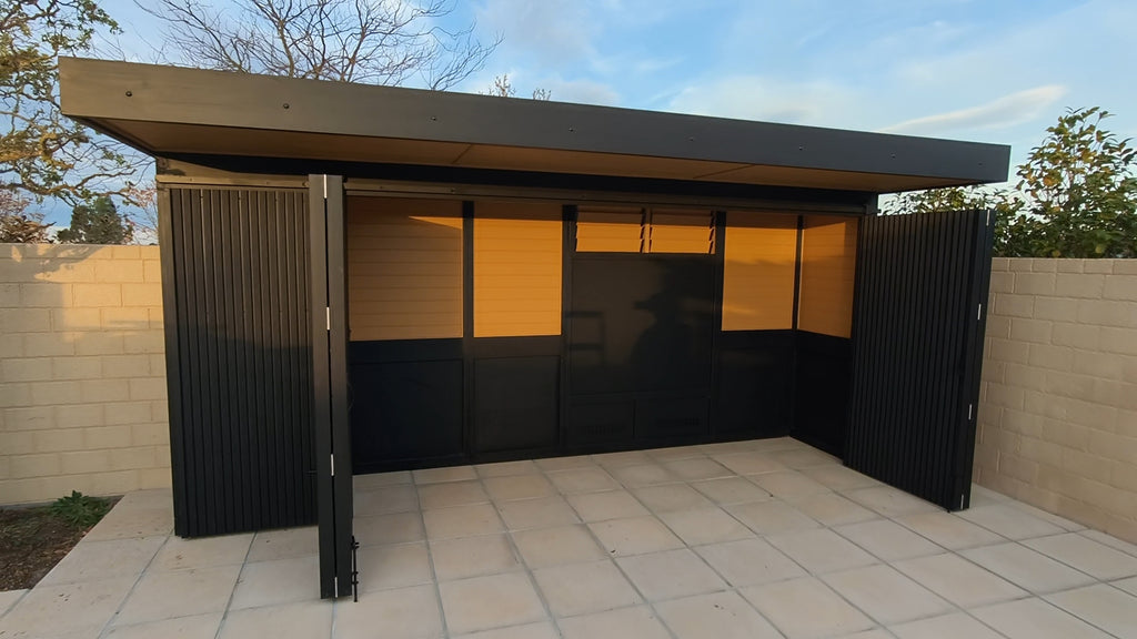 BBQ Enclosure (#5) 5.3m, Bifold WPC Doors, Canopy Roof & Storage | Outdoor Kitchen Cover NZ