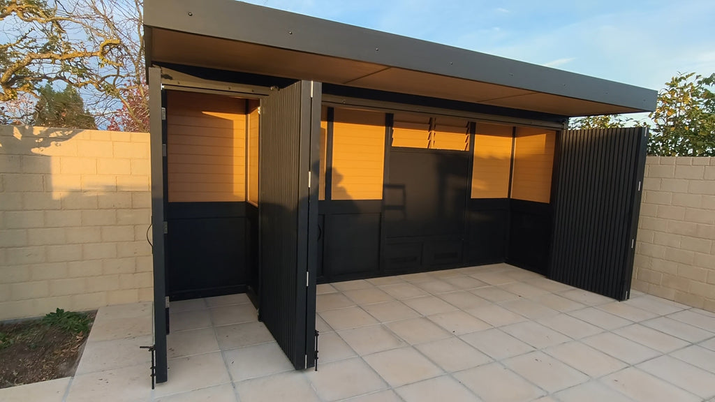 BBQ Enclosure (#5) 5.3m, Bifold WPC Doors, Canopy Roof & Storage | Outdoor Kitchen Cover NZ