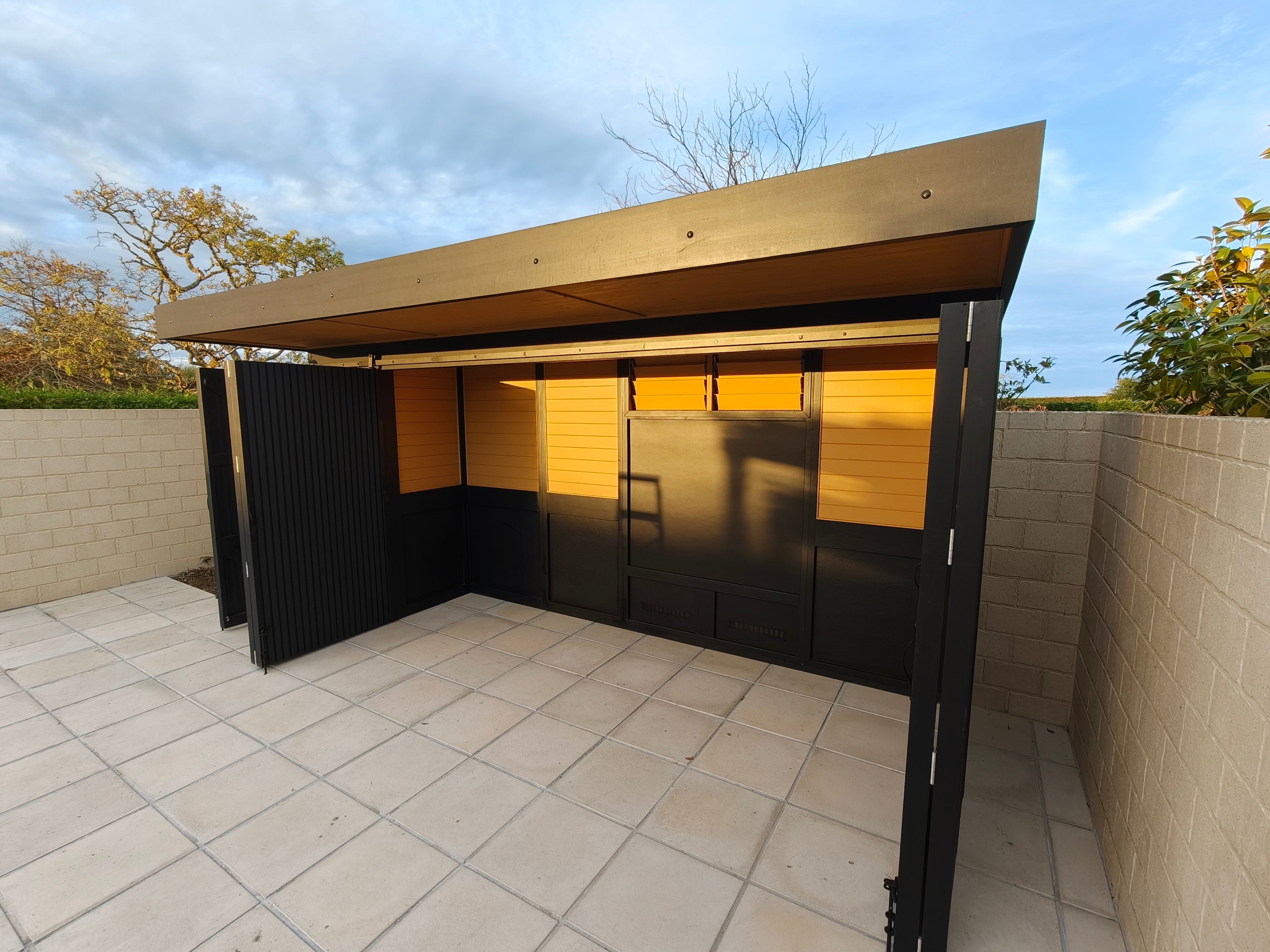 BBQ Enclosure Extra Wide (#4) Bifold Barn Style Doors, Cantilever Roof and Storage