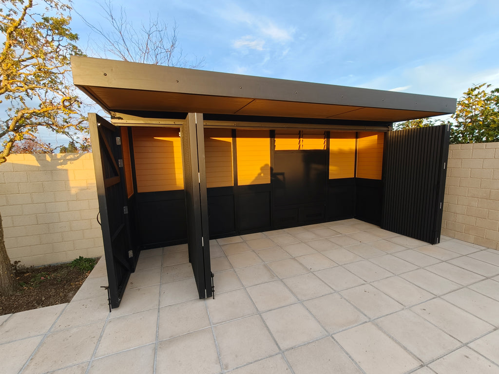 BBQ Enclosure (#5) 5.3m, Bifold WPC Doors, Canopy Roof & Storage | Outdoor Kitchen Cover NZ