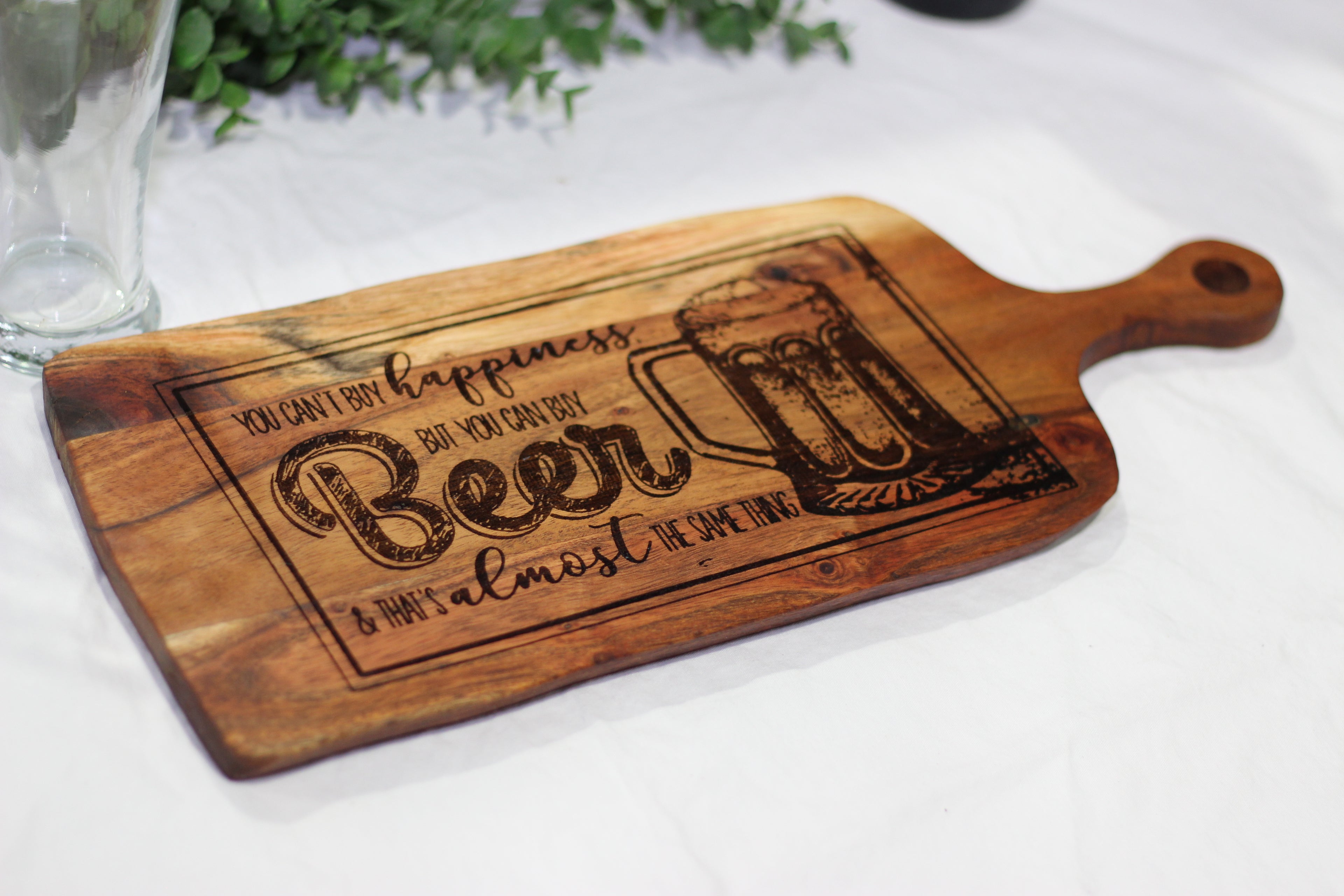 Beer Happiness Quote Engraved Wooden Serving Board