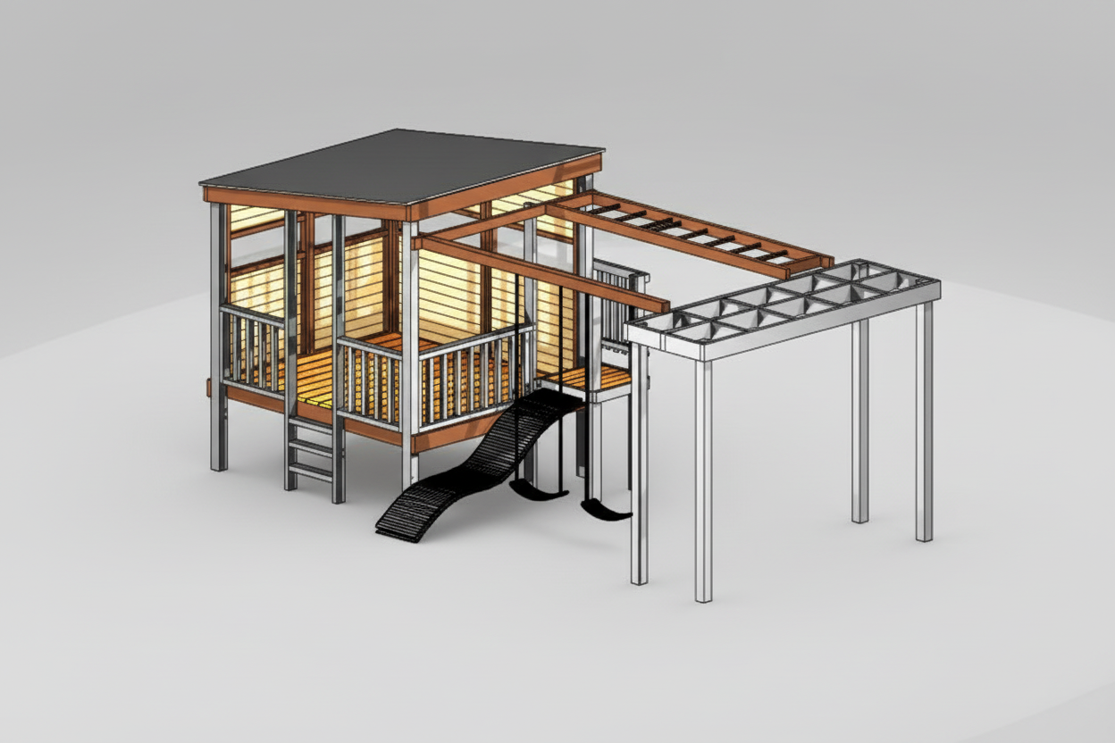 Acacia Playhouse (#3) - Large Painted with slide, monkey bars, swings and pergola