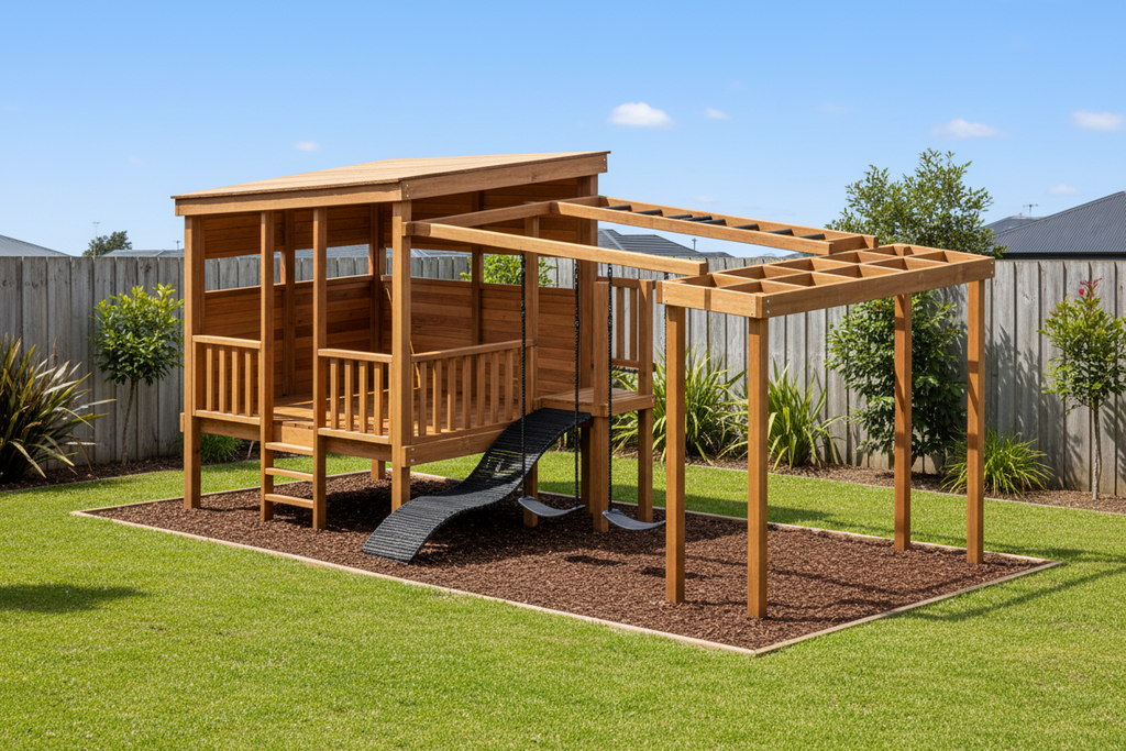 Playhouse (#3) - Large Painted/Stained with slide, monkey bars, swings and pergola