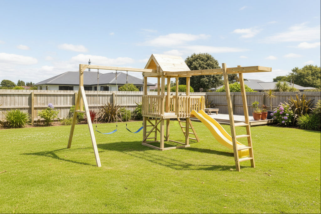 Wooden playset with a slide and swings on a grassy area