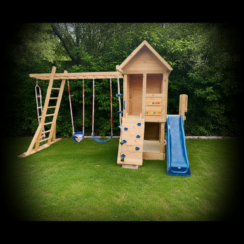 Medium 1.5mx1.2m Play Cubby Tower (#1)- Monkey bars swing beam, wave slide with platform, rock wall and sandpit with cover