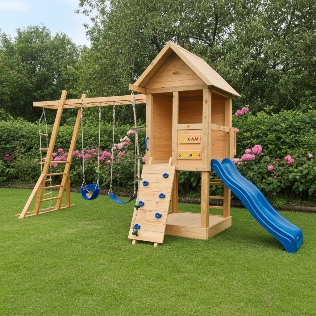 Medium 1.5mx1.2m Play Cubby Tower (#1)- Monkey bars swing beam, wave slide with platform, rock wall and sandpit with cover