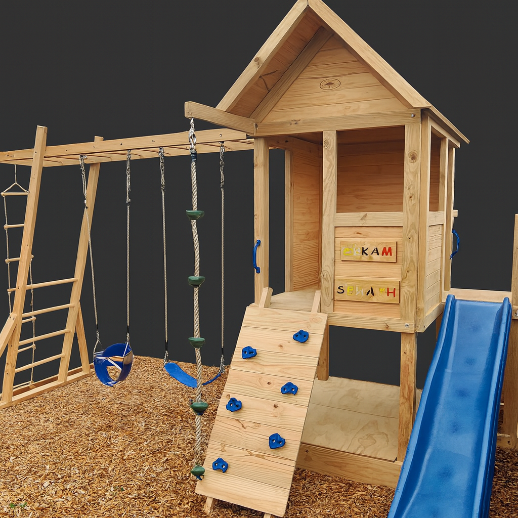 Medium 1.5mx1.2m Play Cubby Tower (#1)- Monkey bars swing beam, wave slide with platform, rock wall and sandpit with cover
