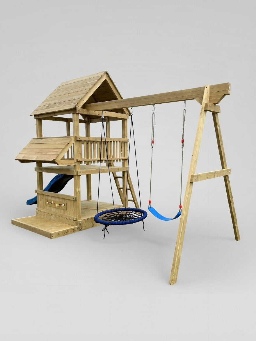 Large 1.5mx1.5m Play Tower (#6) - shopfront, slide, covered sandpit, net & flexible swing
