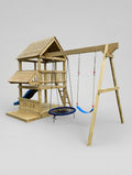 Large 1.5mx1.5m Play Tower (#6) - shopfront, slide, covered sandpit, net & flexible swing