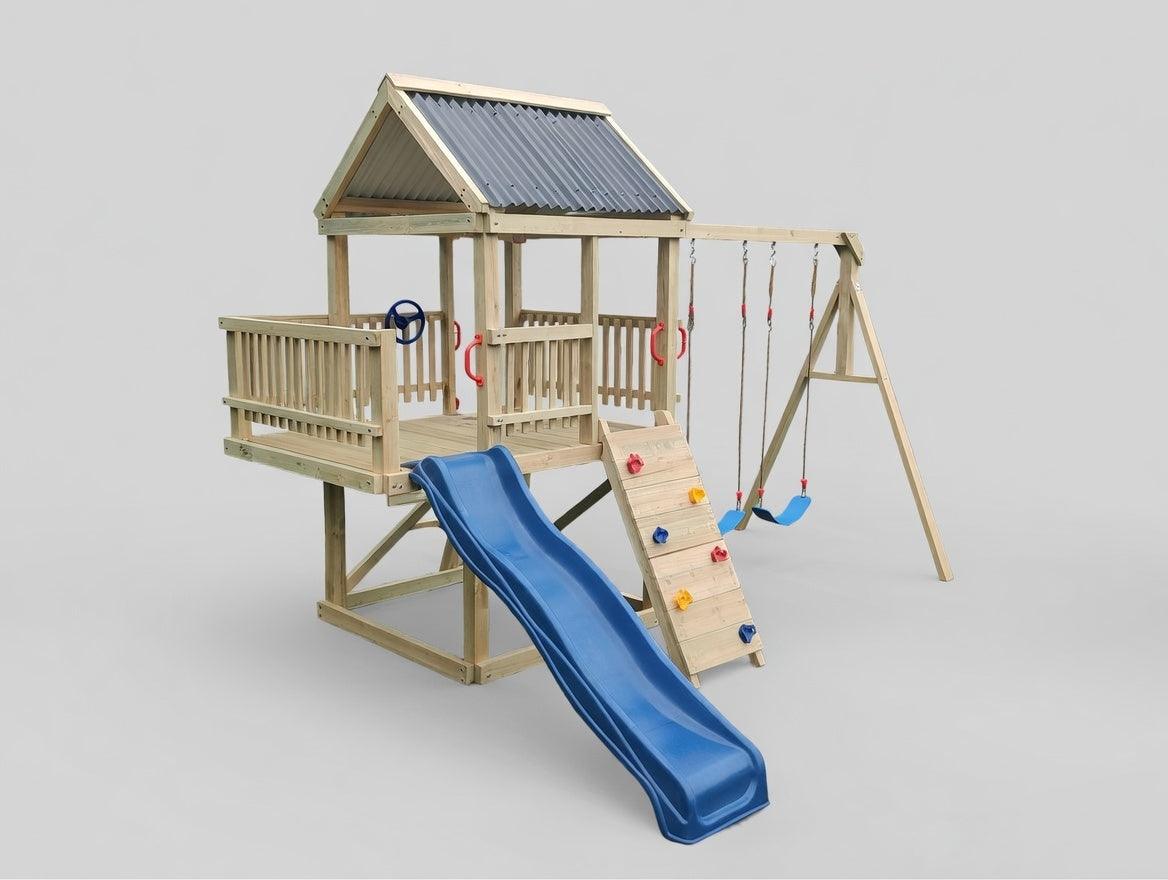 Large 2.1mx1.5m Balcony Tower (#1) - small rock wall, wave slide and swings
