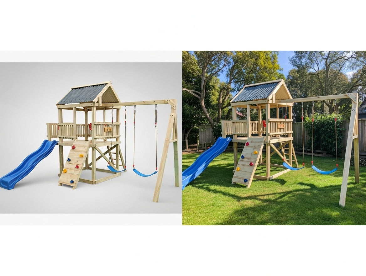Large 2.1mx1.5m Balcony Tower (#1) - small rock wall, wave slide and swings