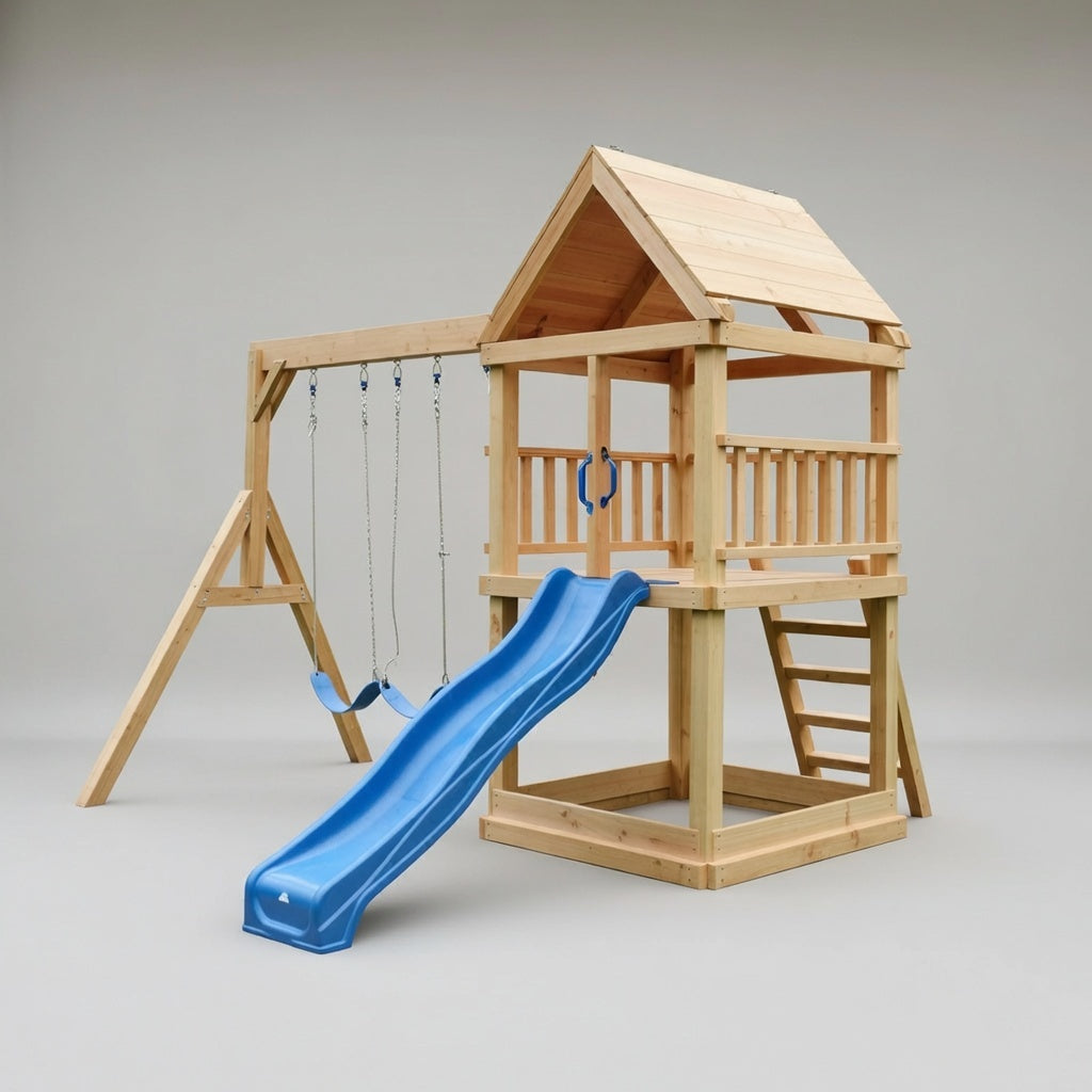 Large 1.5mx1.5m Play Tower (#1) - with slide, sandpit and swings