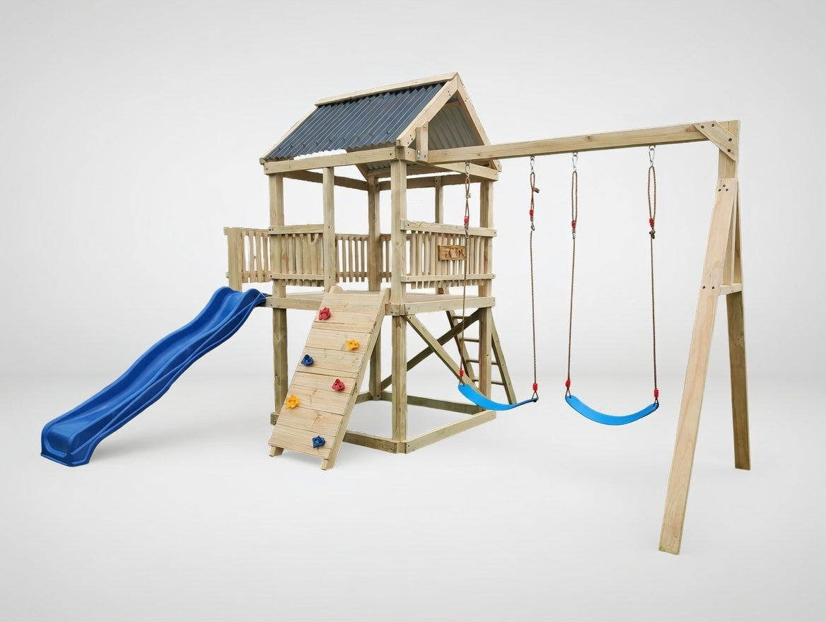Large 2.1mx1.5m Balcony Tower (#1) - small rock wall, wave slide and swings