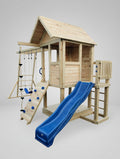 Medium 1.5mx1.2m Play Cubby Tower (#1)- Monkey bars swing beam, wave slide with platform, rock wall and sandpit with cover