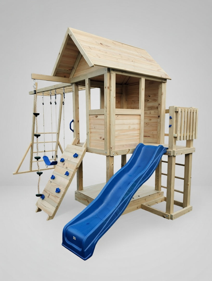Medium 1.5mx1.2m Play Cubby Tower (#1)- Monkey bars swing beam, wave slide with platform, rock wall and sandpit with cover