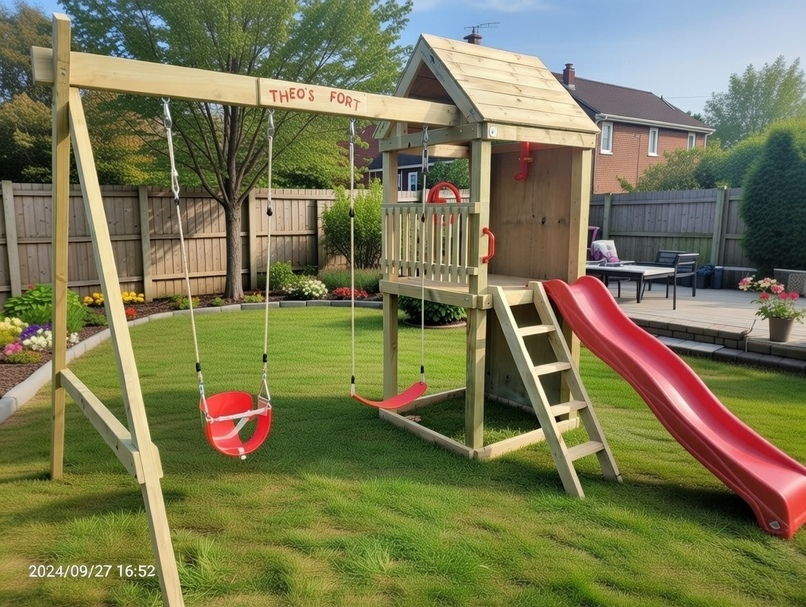 Standard 1.2mx1.2m Play Tower (#4) - with climbing wall, slide and swings