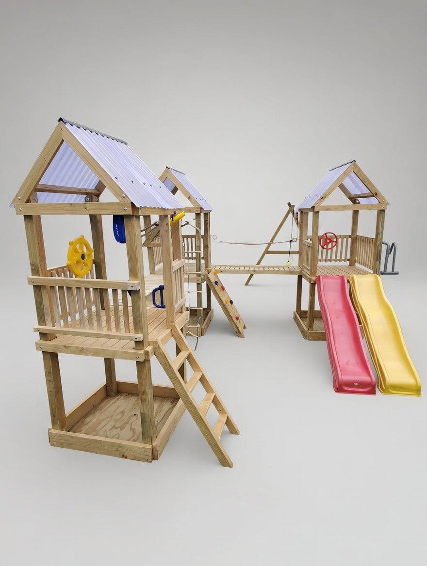 Triple Tower Playground (#11) - 3 x towers, with slides, monkey bars, bridges, swings and more