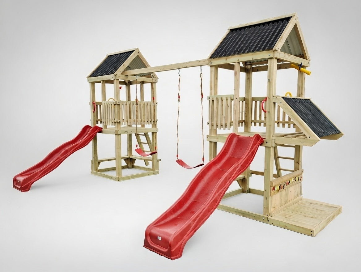 Standard 1.2mx1.2m Twin Tower Play Set (#7) - 2 x towers, with slides and swings