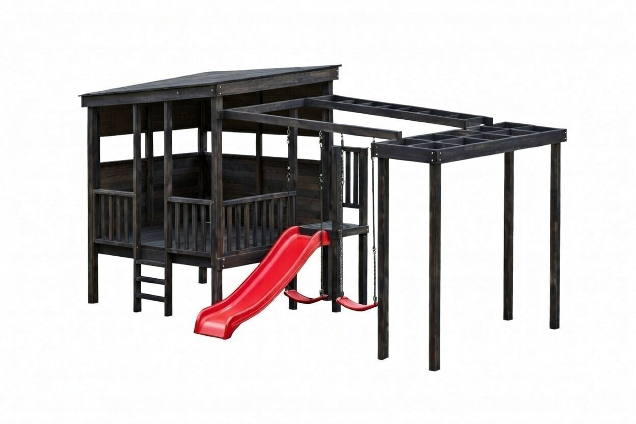 Acacia Playhouse (#3) - Large Painted with slide, monkey bars, swings and pergola