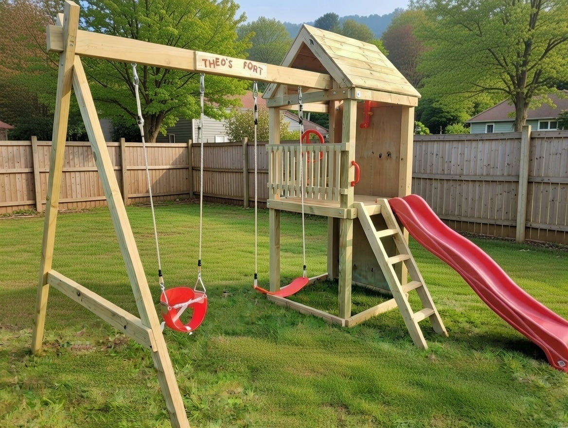 Standard 1.2mx1.2m Play Tower (#4) - with climbing wall, slide and swings