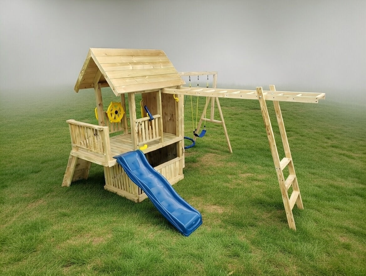 Super Large 2.1mx1.2m Balcony Tower Ultimate (#2)- monkey bars, slide, net and flexi swing and 2x rock walls