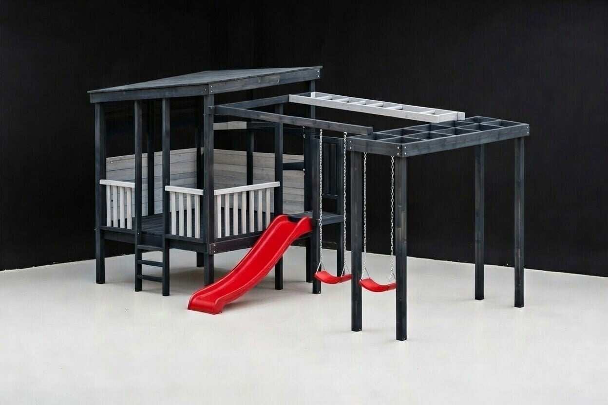 Acacia Playhouse (#3) - Large Painted with slide, monkey bars, swings and pergola