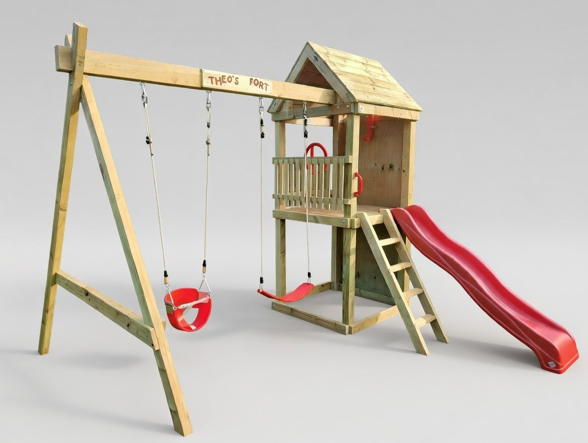 Standard 1.2mx1.2m Play Tower (#4) - with climbing wall, slide and swings