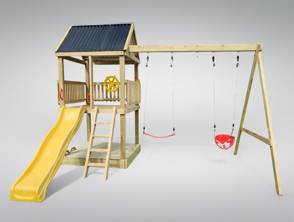 Large 1.5mx1.5m Play Tower (#2) - with slide, sandpit, sandpit cover and swings