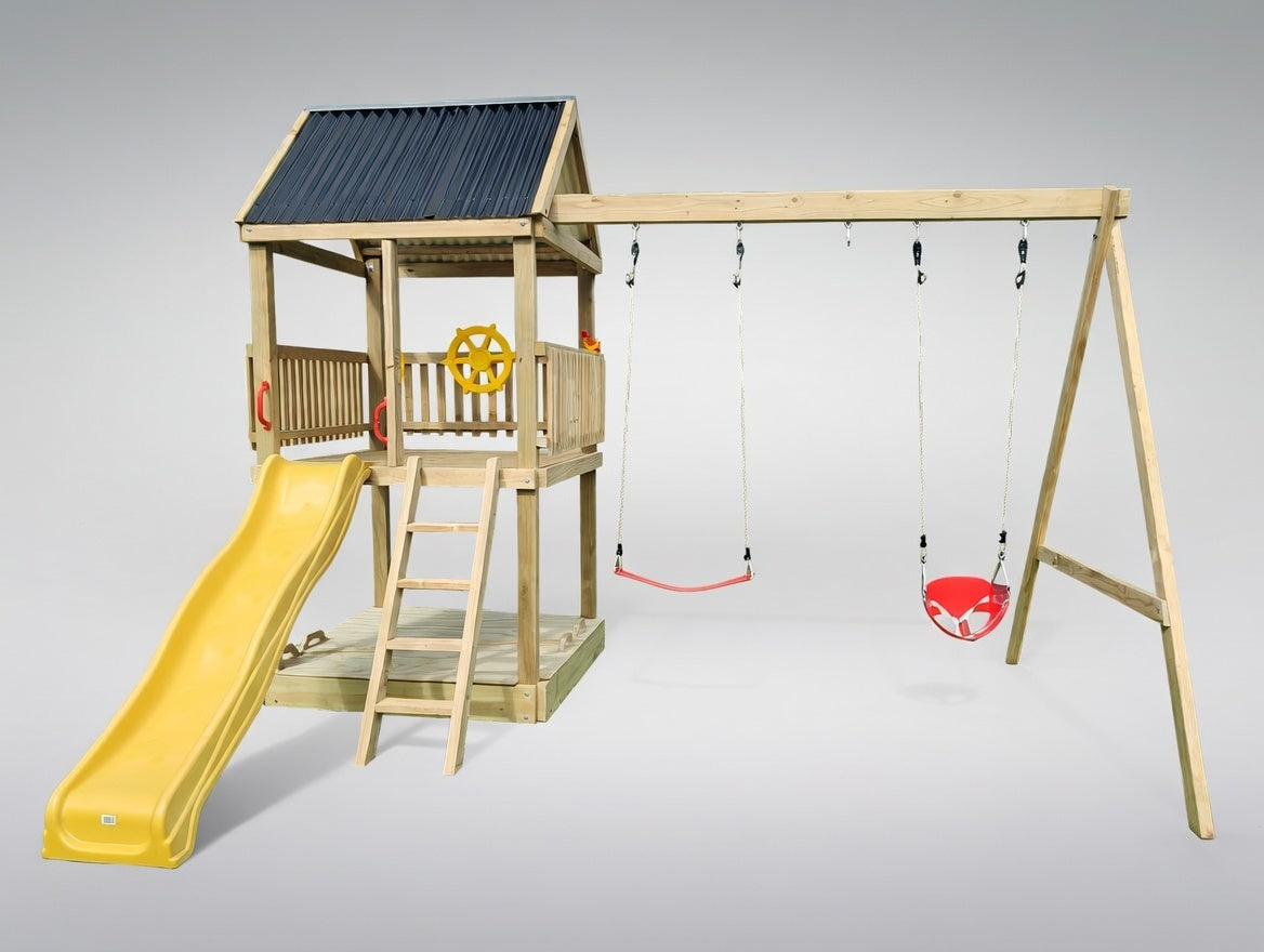 Large 1.5mx1.5m Play Tower (#2) - with slide, sandpit, sandpit cover and swings