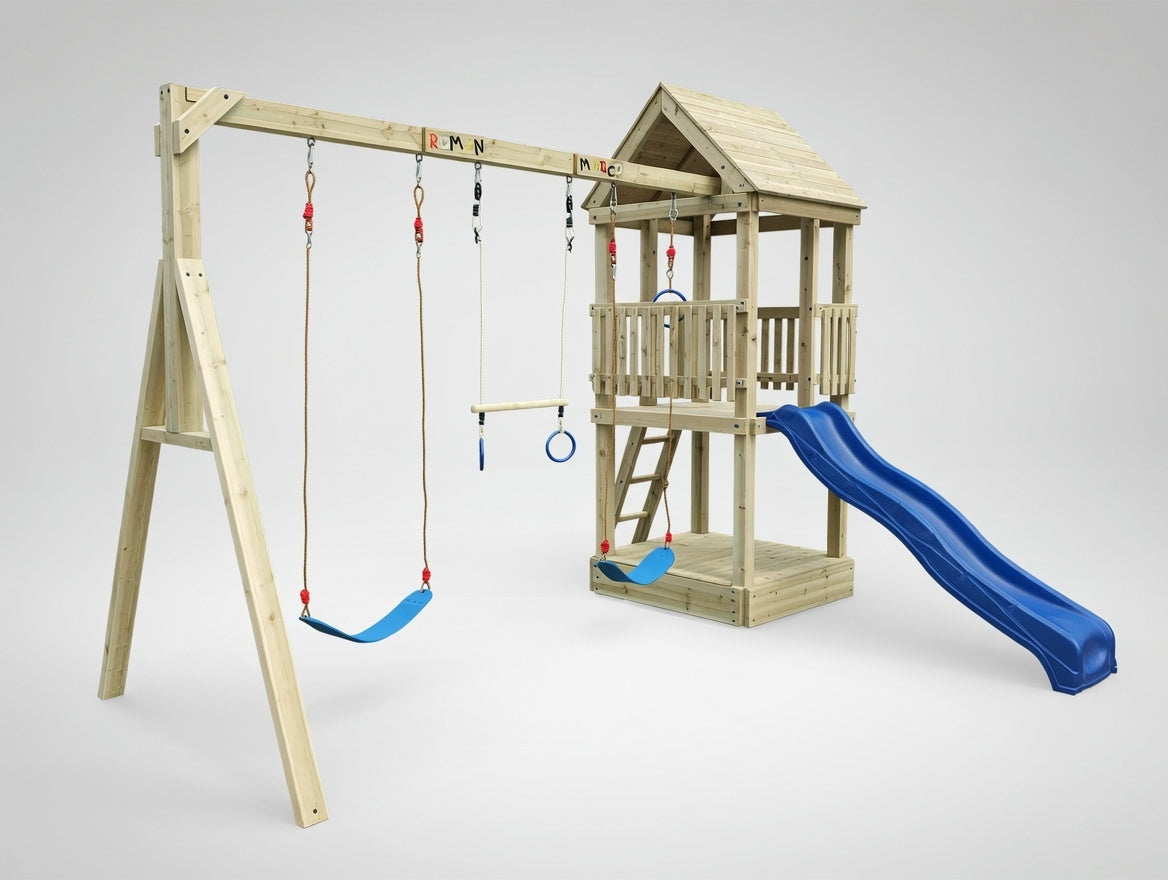 Standard 1.2mx1.2m Play Triple Delight Tower (#9) - with trapeze, slide and 2 swings