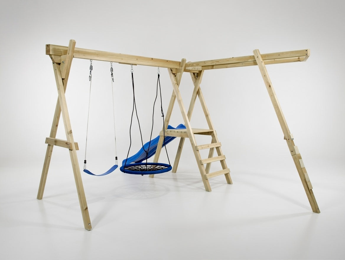 Small Wooden Playground Set with Monkey Bars, Slide & Net Swing