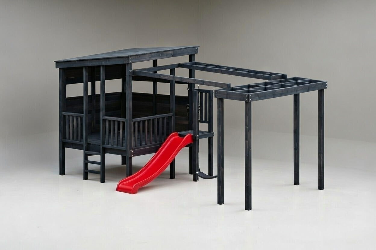 Acacia Playhouse (#3) - Large Painted with slide, monkey bars, swings and pergola