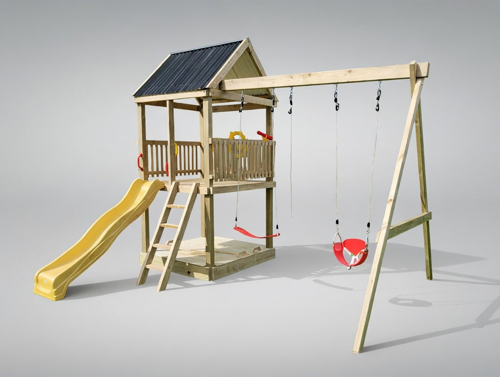 Large 1.5mx1.5m Play Tower (#2) - with slide, sandpit, sandpit cover and swings