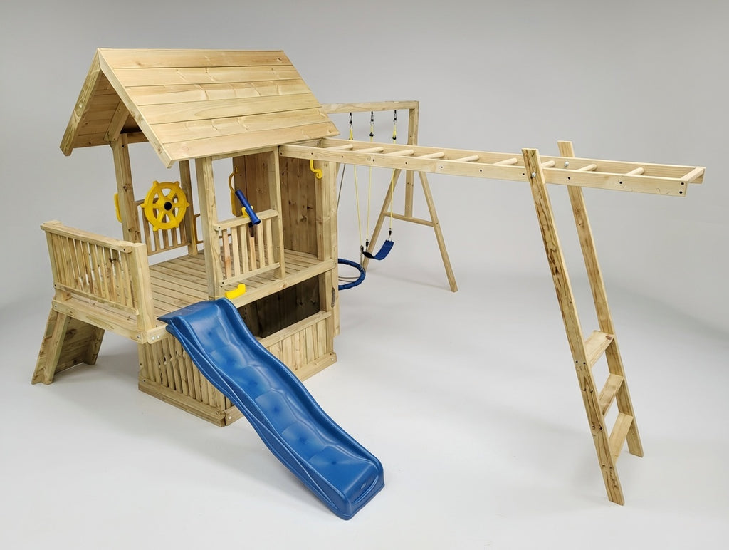 Super Large 2.1mx1.2m Balcony Tower Ultimate (#2)- monkey bars, slide, net and flexi swing and 2x rock walls