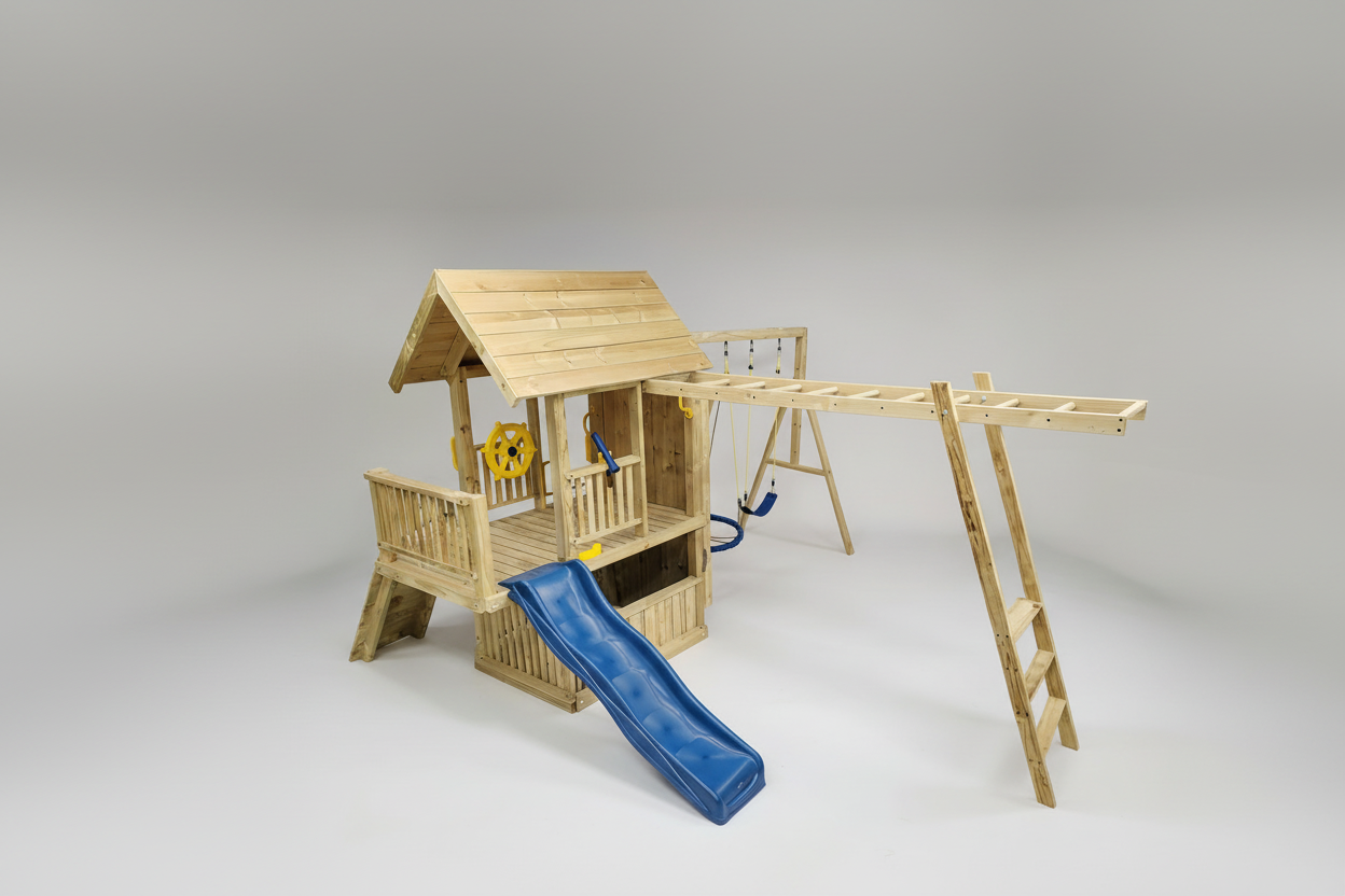 Super Large 2.1mx1.2m Balcony Tower Ultimate (#2)- monkey bars, slide, net and flexi swing and 2x rock walls