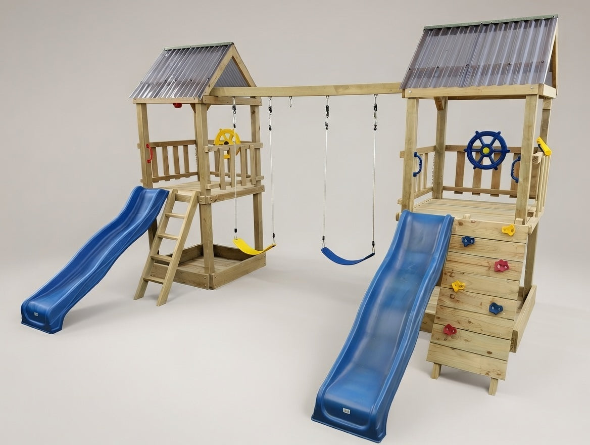 Standard 1.2mx1.2m Twin Tower Play Set (#7) - 2 x towers, with slides and swings
