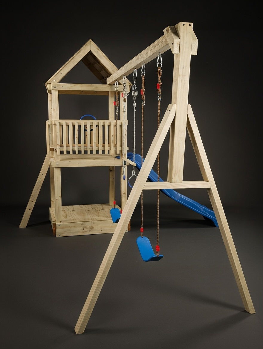 Standard 1.2mx1.2m Play Triple Delight Tower (#9) - with trapeze, slide and 2 swings