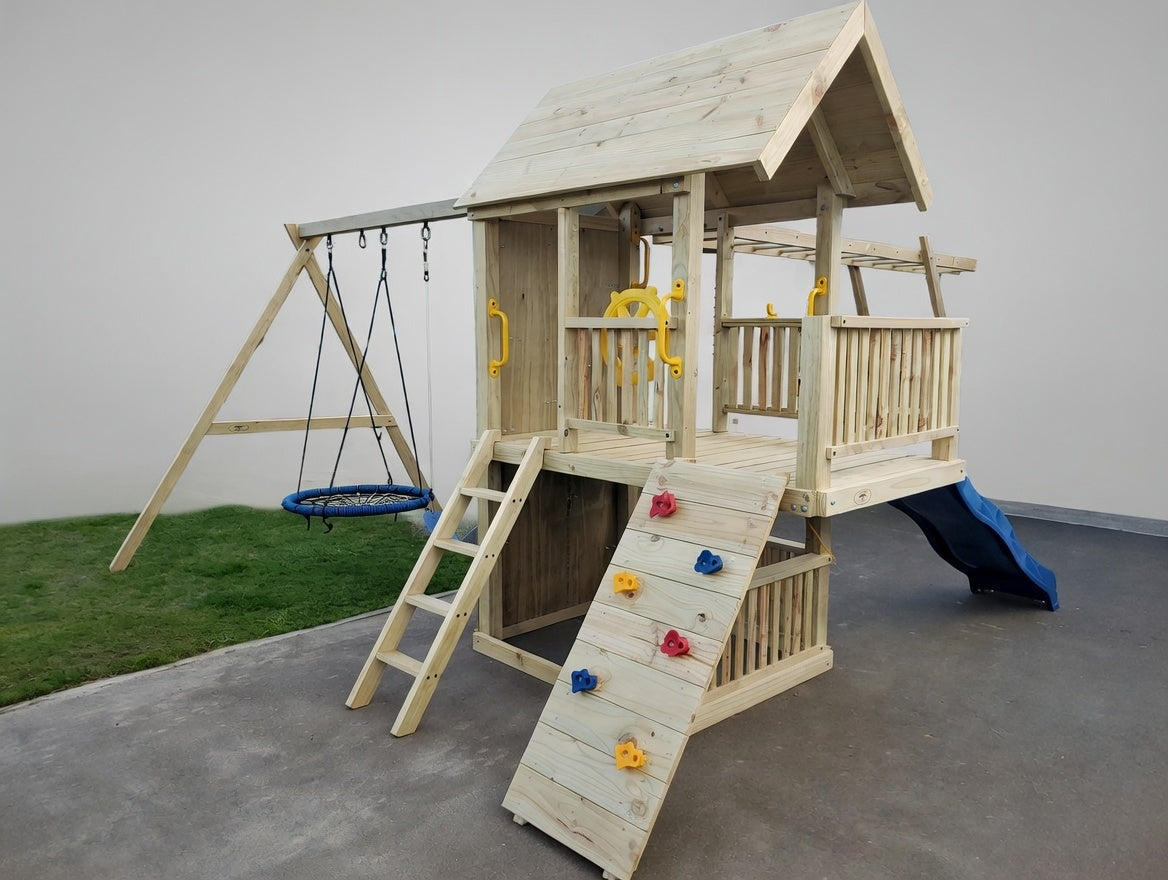 Super Large 2.1mx1.2m Balcony Tower Ultimate (#2)- monkey bars, slide, net and flexi swing and 2x rock walls