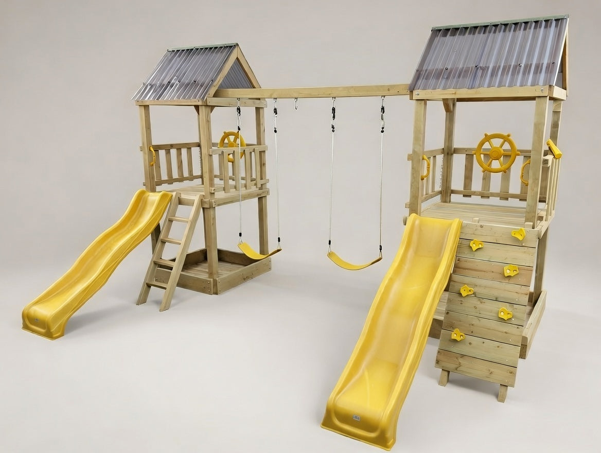 Standard 1.2mx1.2m Twin Tower Play Set (#7) - 2 x towers, with slides and swings