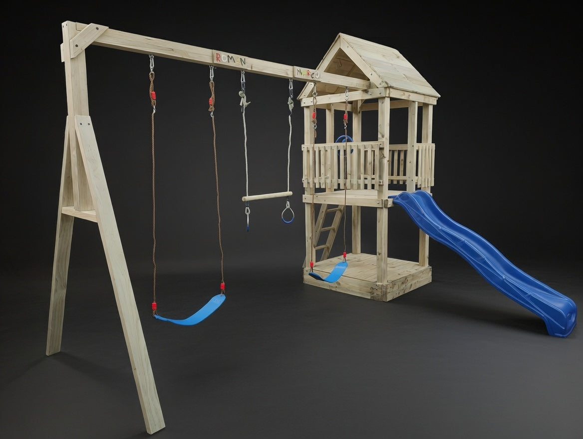 Standard 1.2mx1.2m Play Triple Delight Tower (#9) - with trapeze, slide and 2 swings